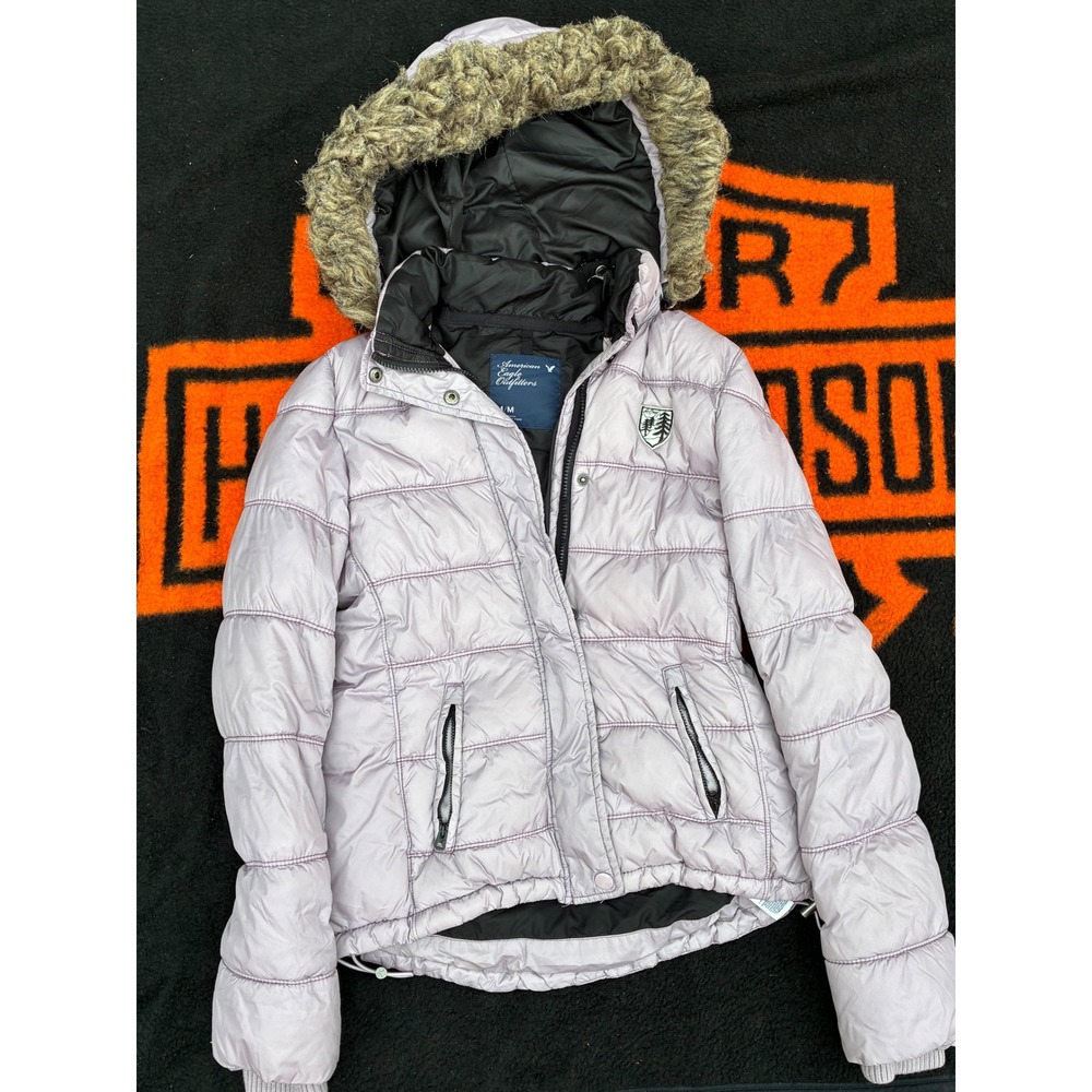American Eagle Outfitters Womens Puffer Jacket Lavender Purple Faux Fur Hood M